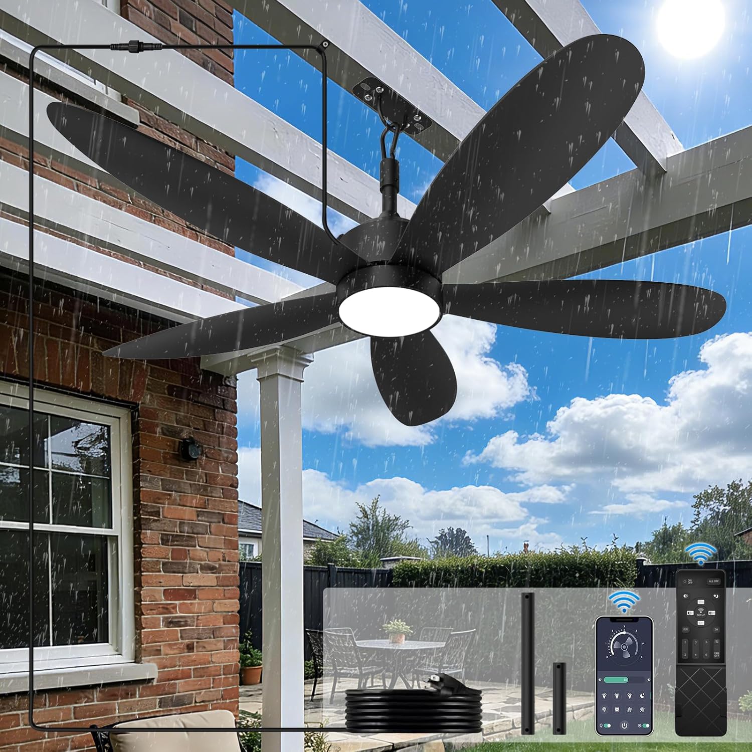 Ventilador de techo exterior 132 cm con luz LED, impermeable IP67, 6 velocidades, control remoto y enchufe, negro para terraza, pérgola o gazebo 🌧️💡