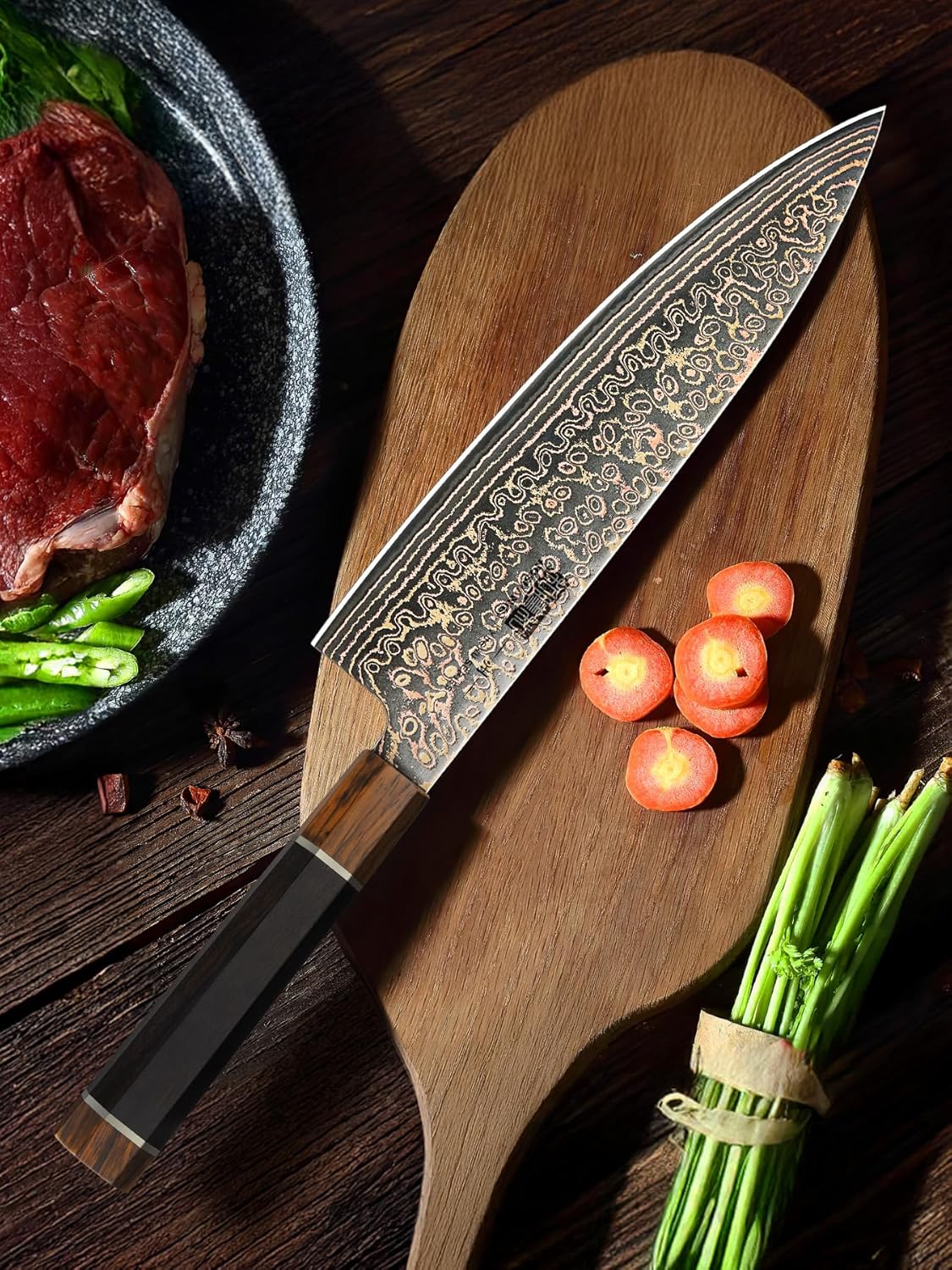 Cuchillo de Chef 20 cm tipo japonés con acero damasco y mango de madera 🔪✨ - Imagen 2