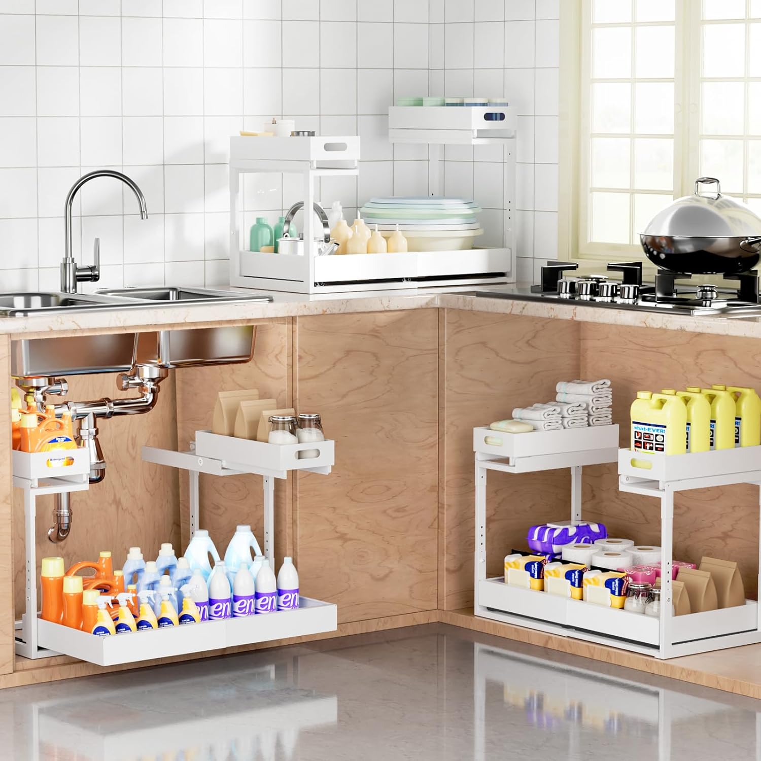 🧺 Organizador Metálico Extensible Bajo Lavatrastos de 2 Niveles con Gavetas Deslizables - Imagen 8