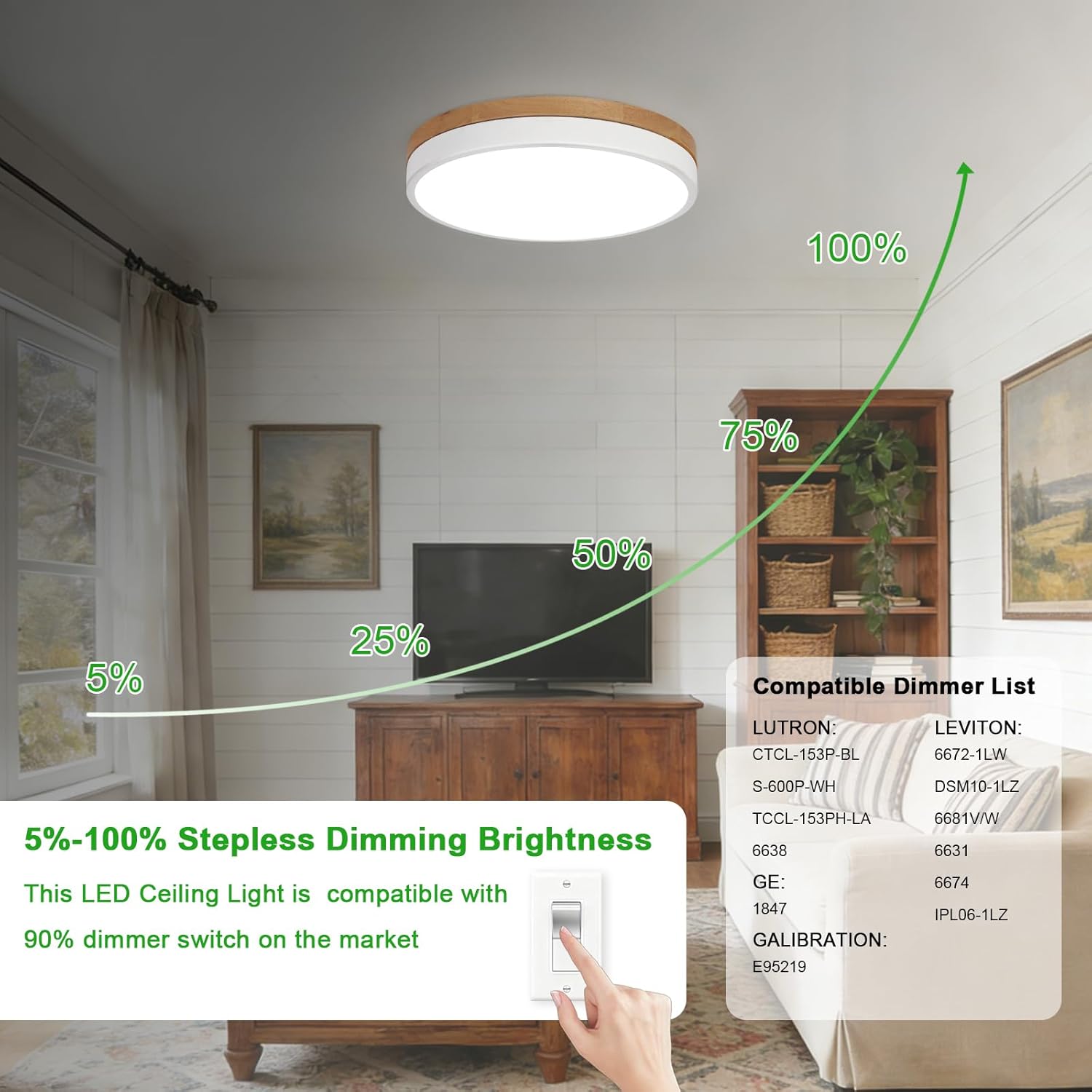 Lámpara de Techo LED de Madera Regulable 12 pulgadas - Imagen 3