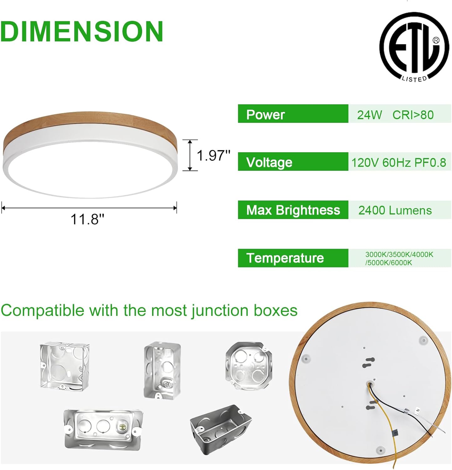 Lámpara de Techo LED de Madera Regulable 12 pulgadas - Imagen 4