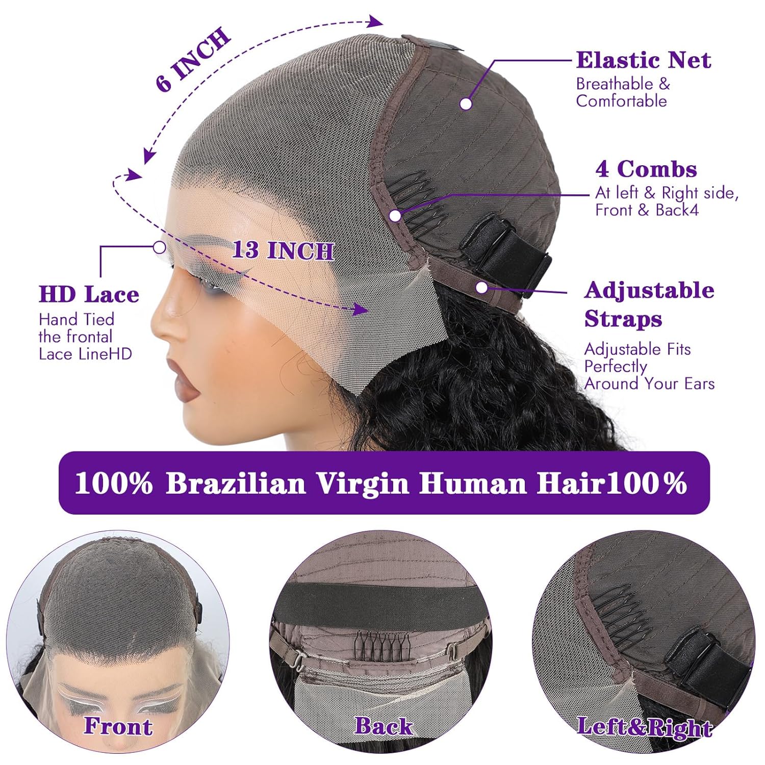 Peluca Frontal de Encaje 13x6 Onda Profunda 200% Densidad - Imagen 4