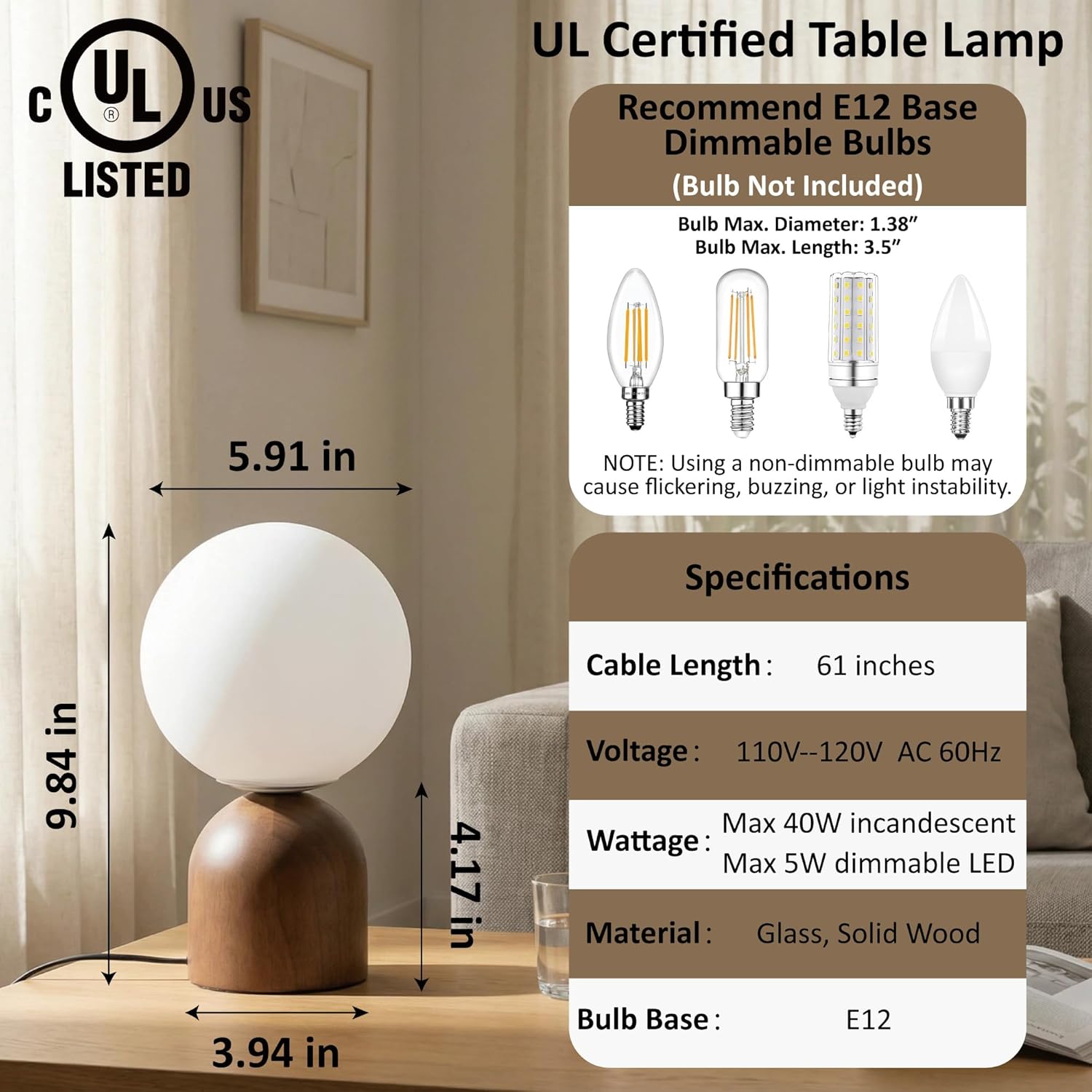 Lámpara de Mesa de Madera 9.8 pulgadas con Pantalla de Vidrio Opalino - Imagen 2