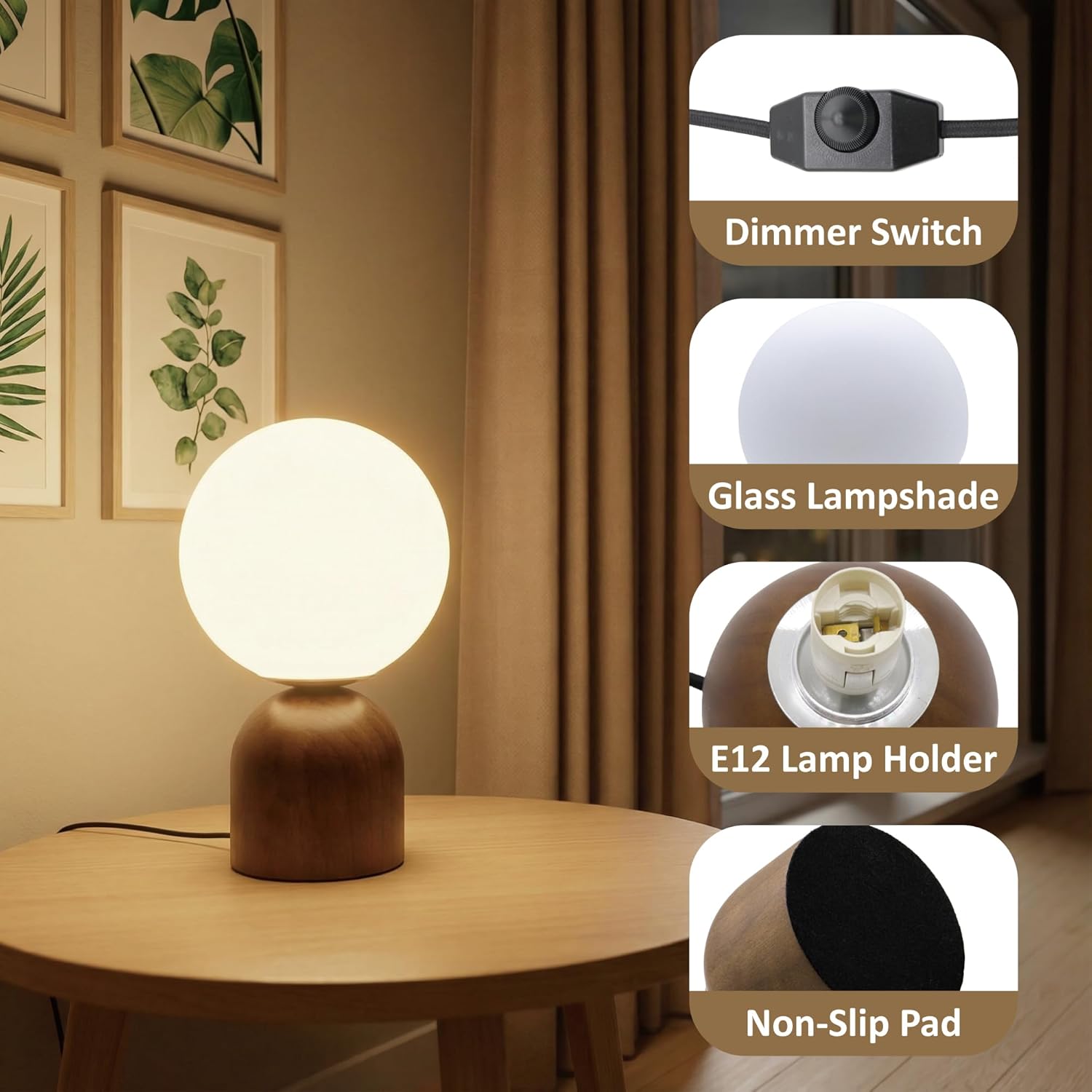Lámpara de Mesa de Madera 9.8 pulgadas con Pantalla de Vidrio Opalino - Imagen 3