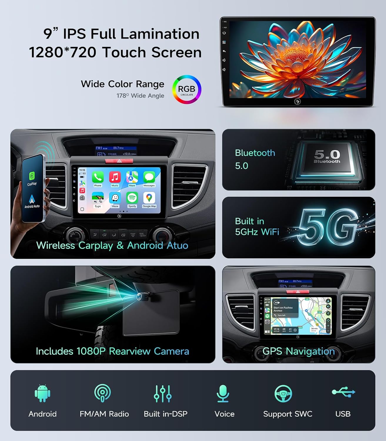 Radio de Coche 9 Pulgadas para Honda CRV 2012-2016 con CarPlay Inalámbrico - Imagen 7