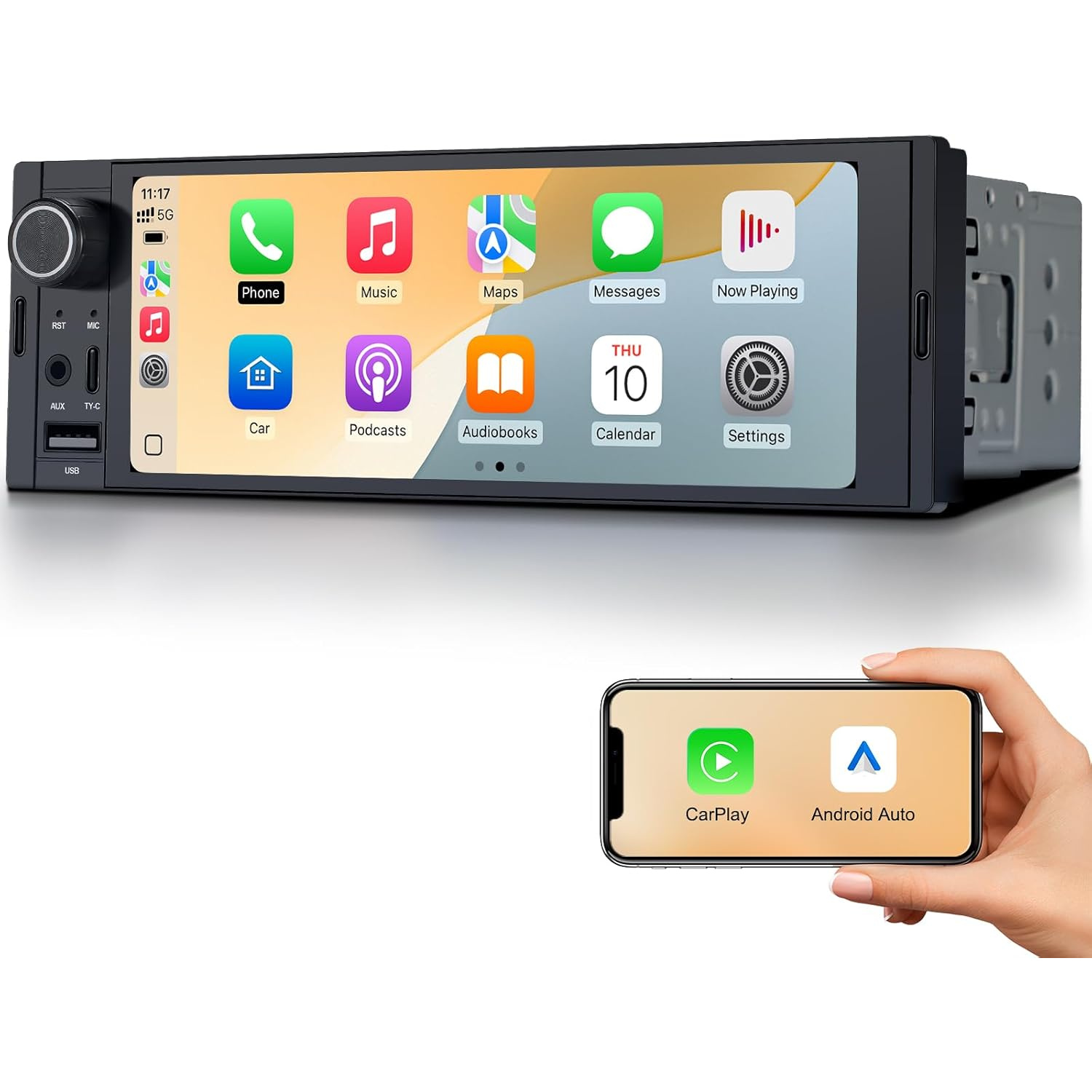 Radio de Coche DIN Único 6.36 pulgadas con CarPlay Inalámbrico